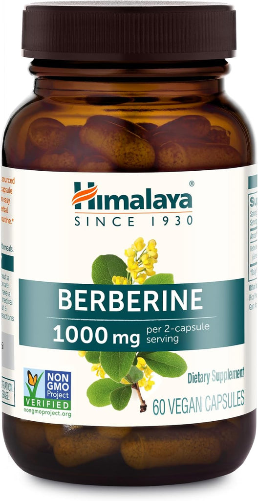 A bottle of Himalaya Berberine 1000 mg dietary supplement capsules, featuring an amber glass bottle, dark brown cap, and a white label with green and teal accents.
