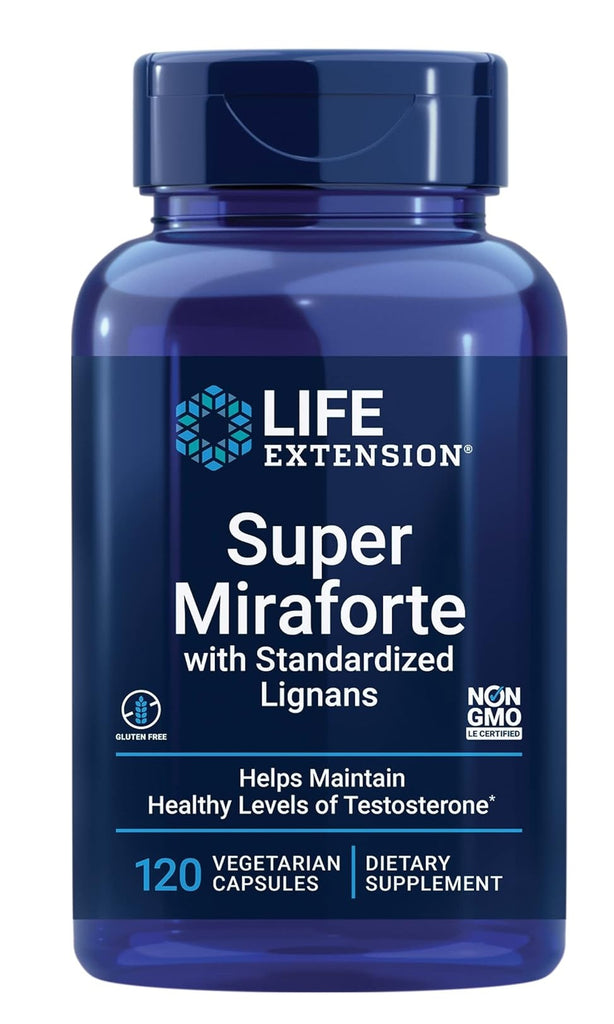 Blue supplement bottle labeled 'Super Miraforte' by Life Extension on a white background