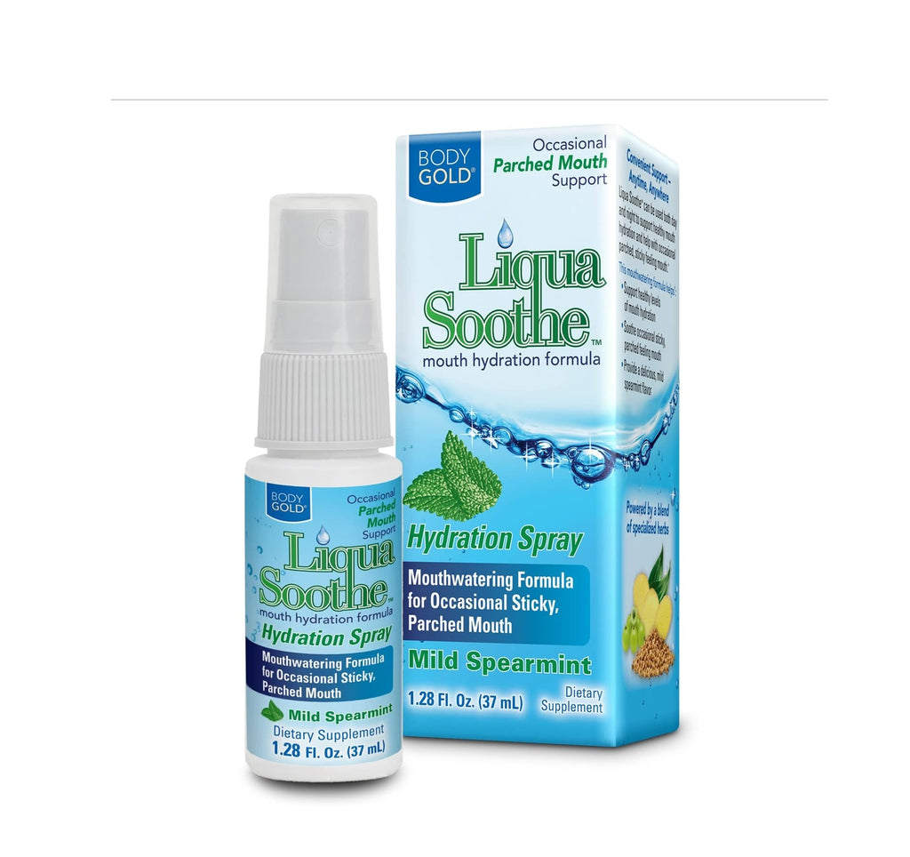 Body Gold Liqua Soothe Mouth Spray, Oral Care Formula for Occasional Dry Mouth Feeling,  Spearmint Flavor, 1.28oz