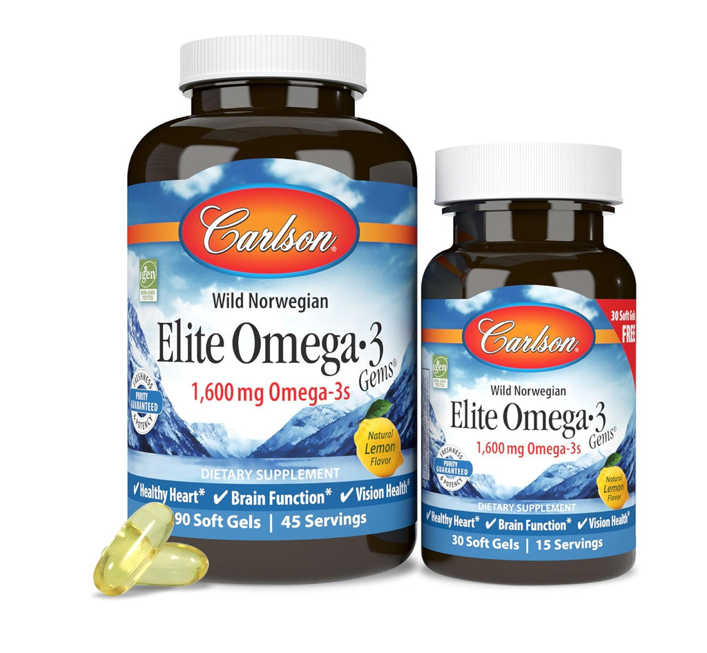 Carlson Wild Caught Elite Omega-3 Gems Softgels, 1600 Mg, Lemon, 90 + 30 Ct
