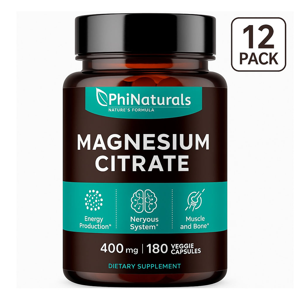 PhiNaturals 12 Pack Magnesium Citrate Powder Capsules 400mg - 180 Count Veg Caps