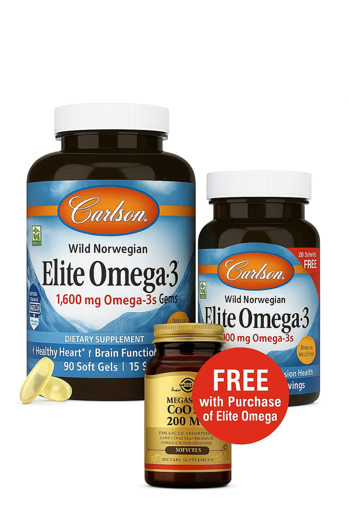 Carlson  Elite Omega-3 Gems Softgels 120 Soft Gels With Bonus Solgar Coq10 200mg