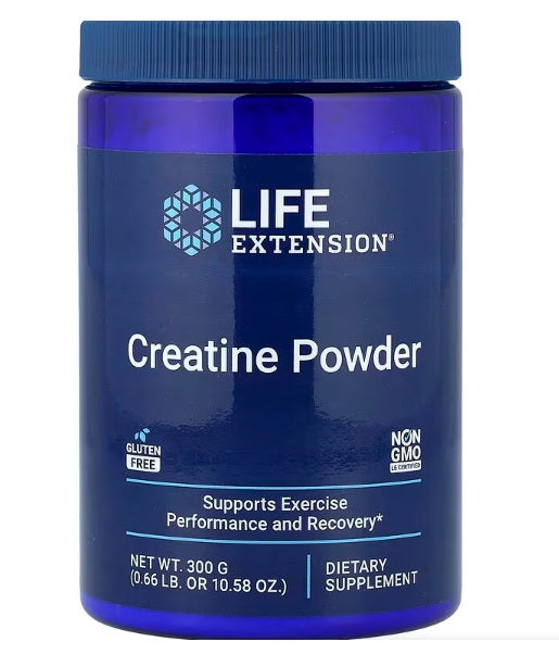 Blue container of Life Extension Creatine Powder on a white background