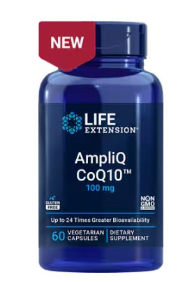 Life Extension AmpliQ CoQ10 supplement bottle on a white background
