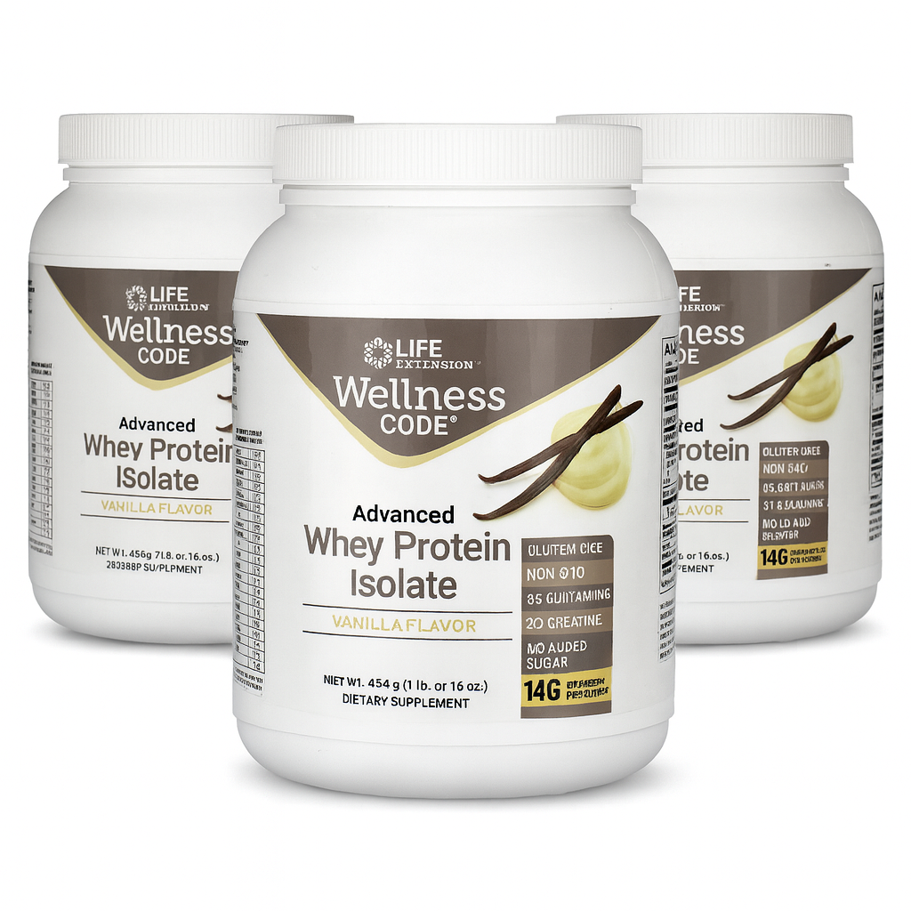 Life Extension Wellness Code® Advanced Whey Protein Isolate (Vanilla), ,no Sugar Added, Gluten Free, Non-GMO, 454 Grams, 3 Pack