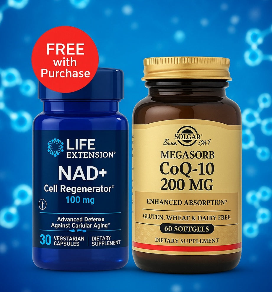Two dietary supplement bottles, one blue and one brown, on a blue background with a 'Free with Purchase' offer.