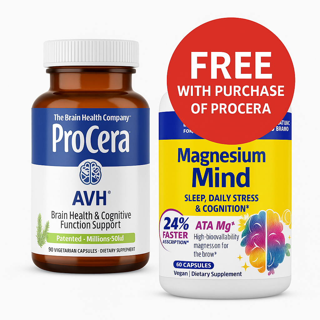 Two dietary supplement bottles with labels for ProCera and Magnesium Mind on a white background.
