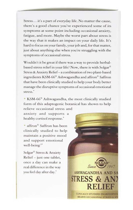 Solgar, Stress & Anxiety Relief, Ashwagandha and Saffron, 30 Tablets