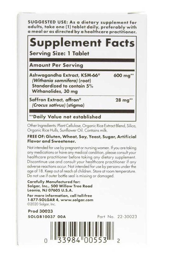 Solgar, Stress & Anxiety Relief, Ashwagandha and Saffron, 30 Tablets